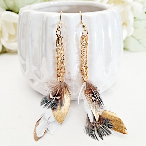 Boutique Jewelry - Women's long boho Gold tassel drop multicolor feather earrings 2/$30